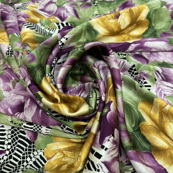 Tecido Cetim de Seda com Elastano Estampado Floral Renda Roxo •