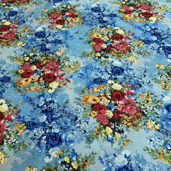 Tecido Cetim de Seda com Elastano Estampado Floral Bouquet Azul •