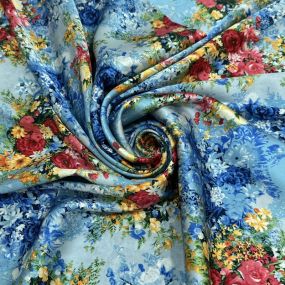 Tecido Cetim de Seda com Elastano Estampado Floral Bouquet Azul •