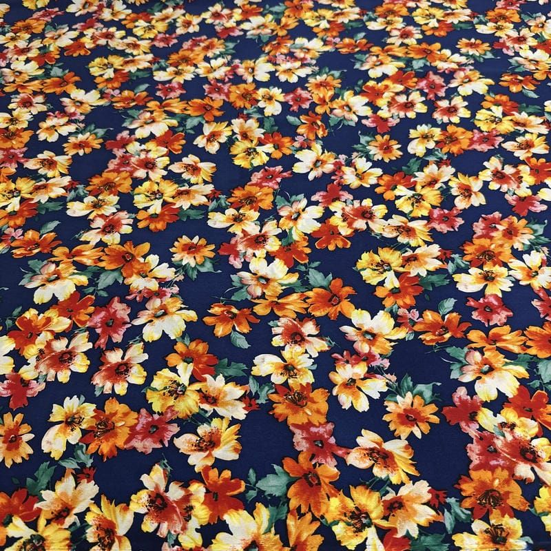 Tecido Cetim de Seda com Elastano Estampado Floral Miúdo Marinho •