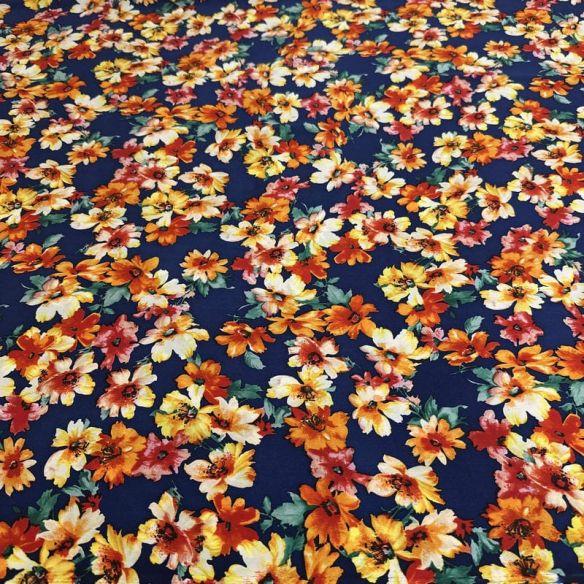 Tecido Cetim de Seda com Elastano Estampado Floral Miúdo Marinho •