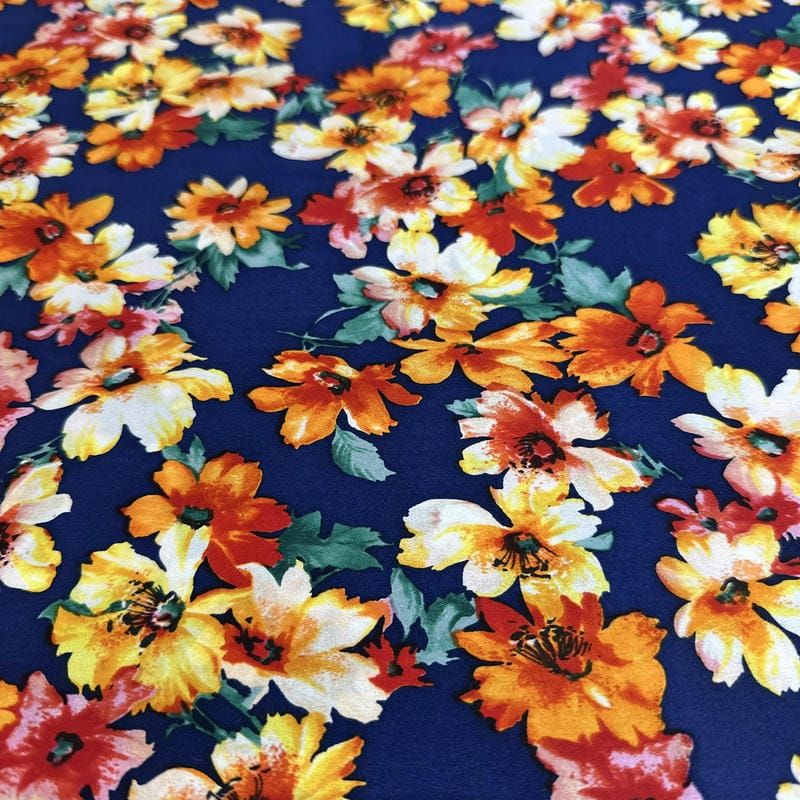 Tecido Cetim de Seda com Elastano Estampado Floral Miúdo Marinho •