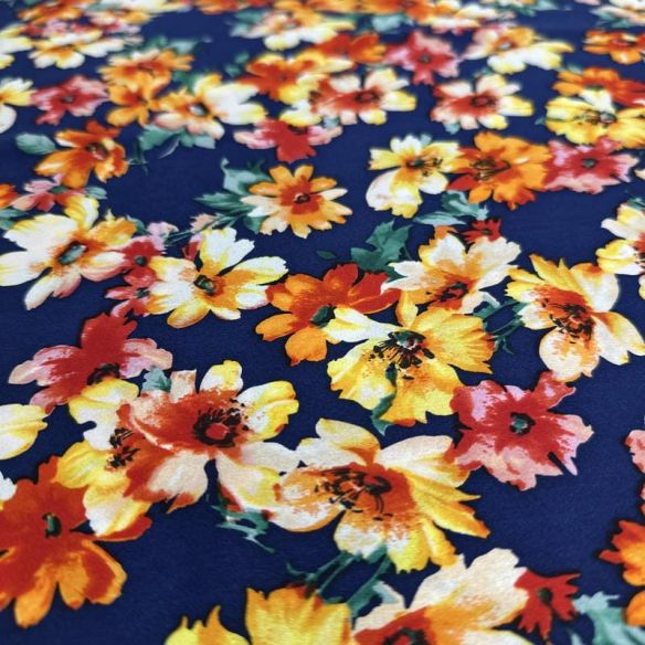 Tecido Cetim de Seda com Elastano Estampado Floral Miúdo Marinho •