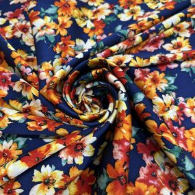 Tecido Cetim de Seda com Elastano Estampado Floral Miúdo Marinho •