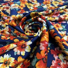 Tecido Cetim de Seda com Elastano Estampado Floral Miúdo Marinho • 2