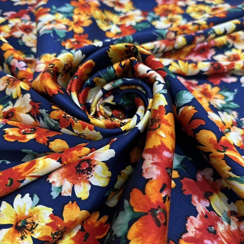 Tecido Cetim de Seda com Elastano Estampado Floral Miúdo Marinho •