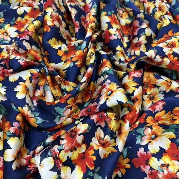 Tecido Cetim de Seda com Elastano Estampado Floral Miúdo Marinho •
