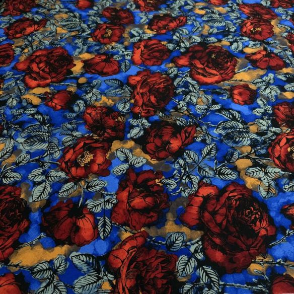 Tecido Cetim de Seda com Elastano Estampado Rosas Vermelhas Royal •