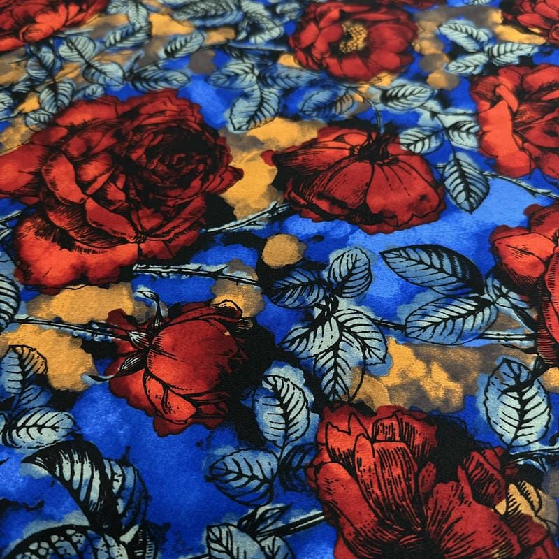 Tecido Cetim de Seda com Elastano Estampado Rosas Vermelhas Royal •