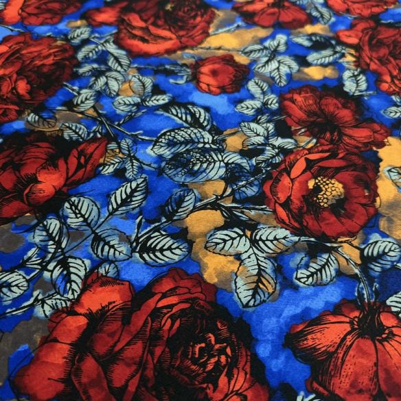 Tecido Cetim de Seda com Elastano Estampado Rosas Vermelhas Royal •