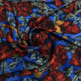 Tecido Cetim de Seda com Elastano Estampado Rosas Vermelhas Royal •