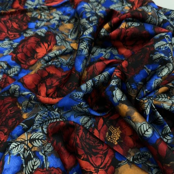 Tecido Cetim de Seda com Elastano Estampado Rosas Vermelhas Royal •