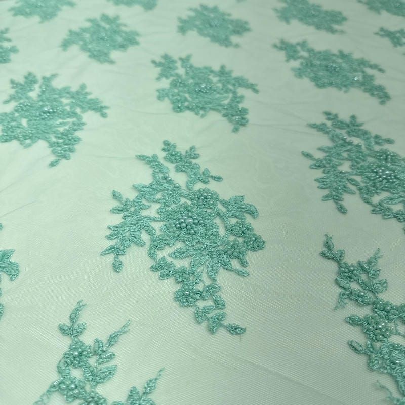 Tecido Tule Bordado Com Pedrarias Verde Água Tiffany • Conexão Tecidos