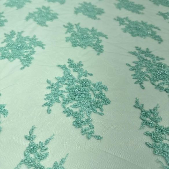 Tecido Tule Bordado Com Pedrarias Verde Água Tiffany • Conexão Tecidos
