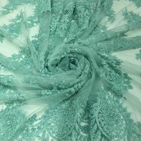 Tecido Tule Bordado Com Pedrarias Verde Água Tiffany • Conexão Tecidos