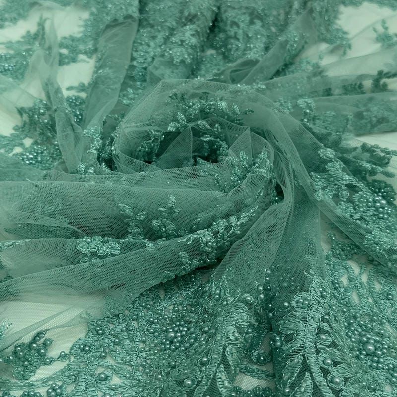 Tecido Tule Bordado Com Pedrarias Verde Água Tiffany • Conexão Tecidos