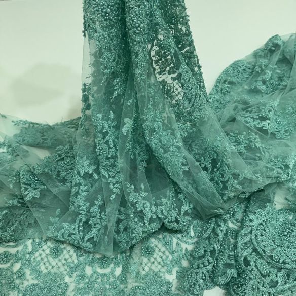 Tecido Tule Bordado Com Pedrarias Verde Água Tiffany • Conexão Tecidos