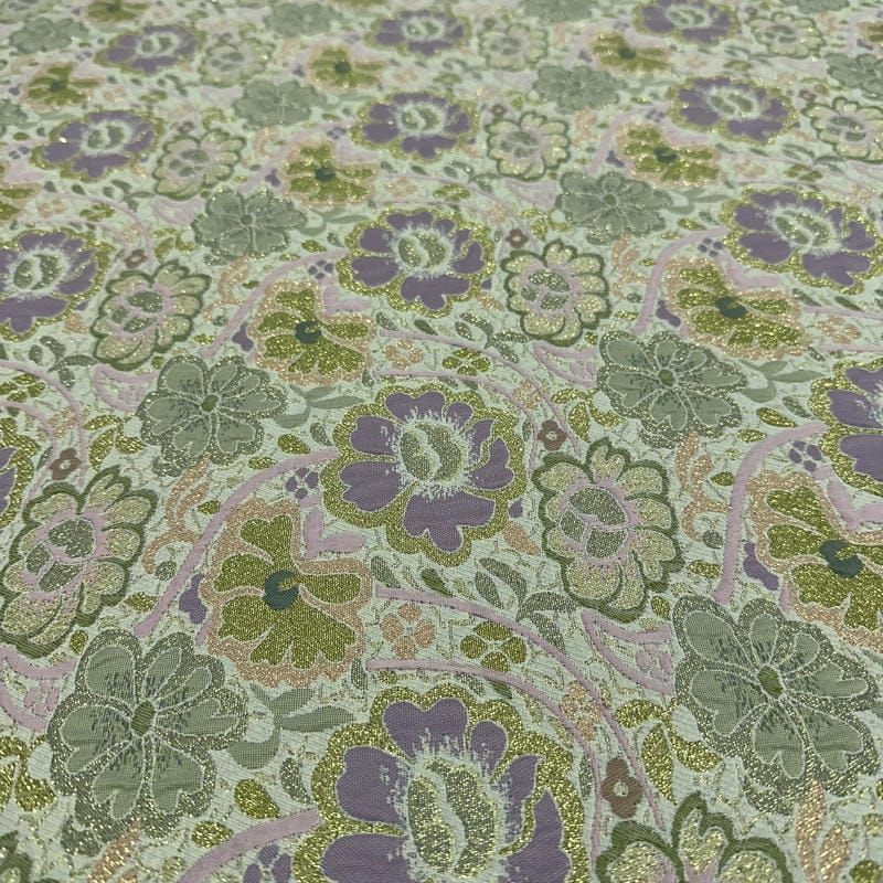 Tecido Jacquard Brocado Floral Verde Chá com Lilás • Conexão Tecidos