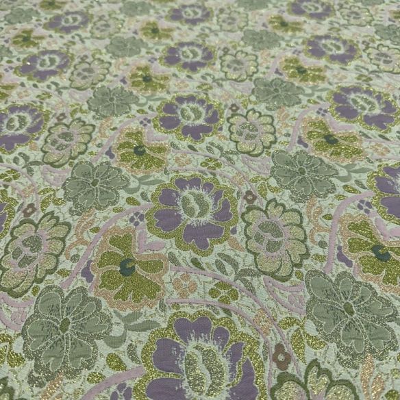 Tecido Jacquard Brocado Floral Verde Chá com Lilás • Conexão Tecidos