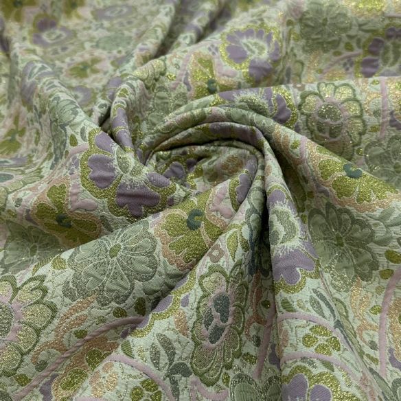 Tecido Jacquard Brocado Floral Verde Chá com Lilás • Conexão Tecidos