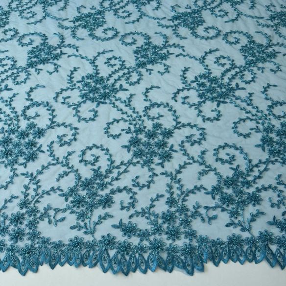 Tecido Tule Bordado com Pedrarias Azul Tiffany • Conexão Tecidos