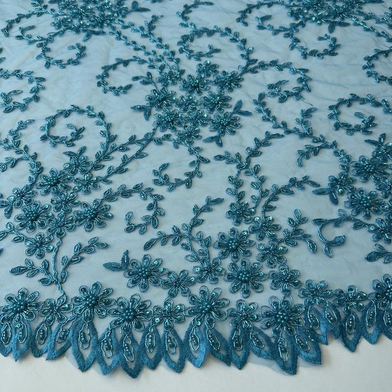 Tecido Tule Bordado com Pedrarias Azul Tiffany • Conexão Tecidos