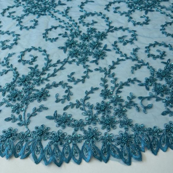 Tecido Tule Bordado com Pedrarias Azul Tiffany • Conexão Tecidos