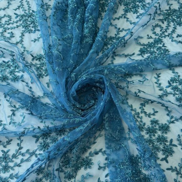 Tecido Tule Bordado com Pedrarias Azul Tiffany • Conexão Tecidos
