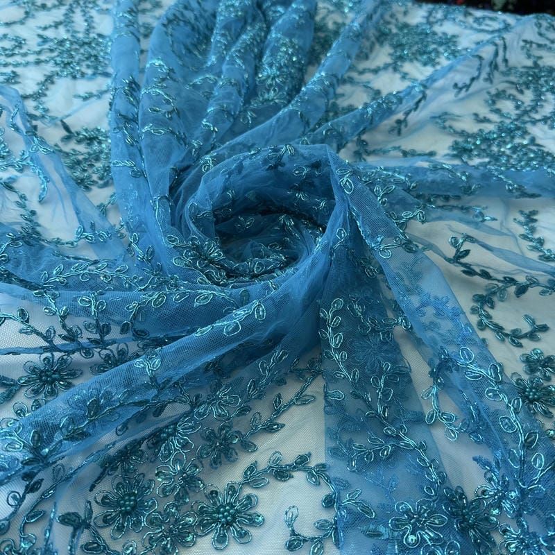 Tecido Tule Bordado com Pedrarias Azul Tiffany • Conexão Tecidos