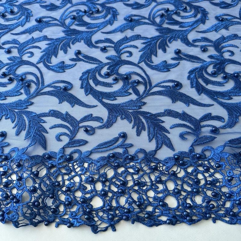 Tecido Tule Bordado com Pedrarias Azul Royal Arabesco • Conexão