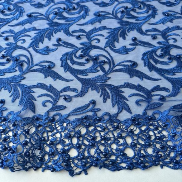 Tecido Tule Bordado com Pedrarias Azul Royal Arabesco • Conexão