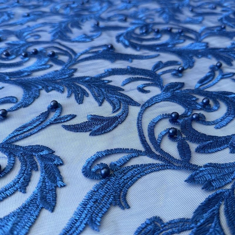 Tecido Tule Bordado com Pedrarias Azul Royal Arabesco • Conexão