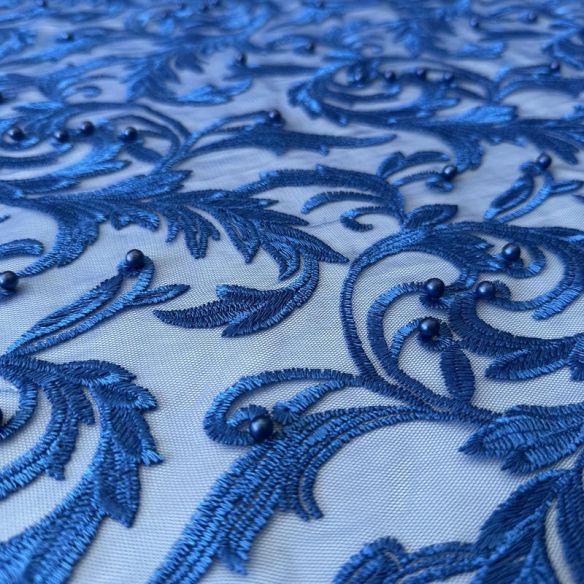 Tecido Tule Bordado com Pedrarias Azul Royal Arabesco • Conexão
