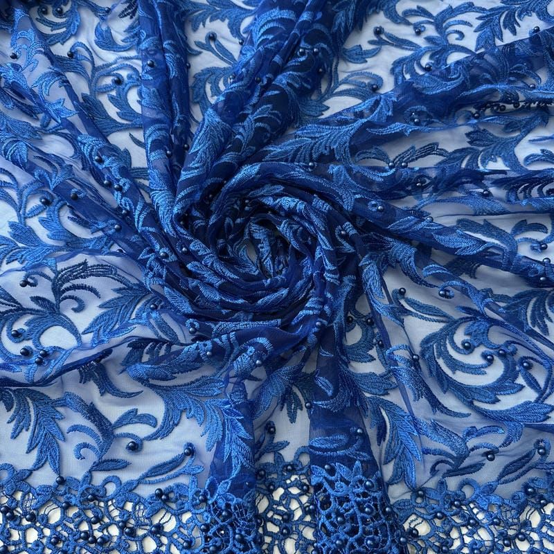 Tecido Tule Bordado com Pedrarias Azul Royal Arabesco • Conexão