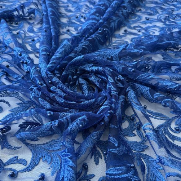 Tecido Tule Bordado com Pedrarias Azul Royal Arabesco • Conexão