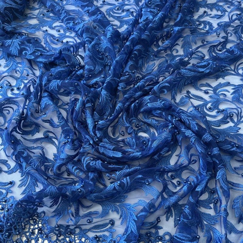 Tecido Tule Bordado com Pedrarias Azul Royal Arabesco • Conexão
