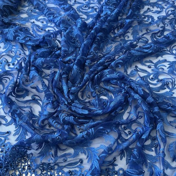 Tecido Tule Bordado com Pedrarias Azul Royal Arabesco • Conexão