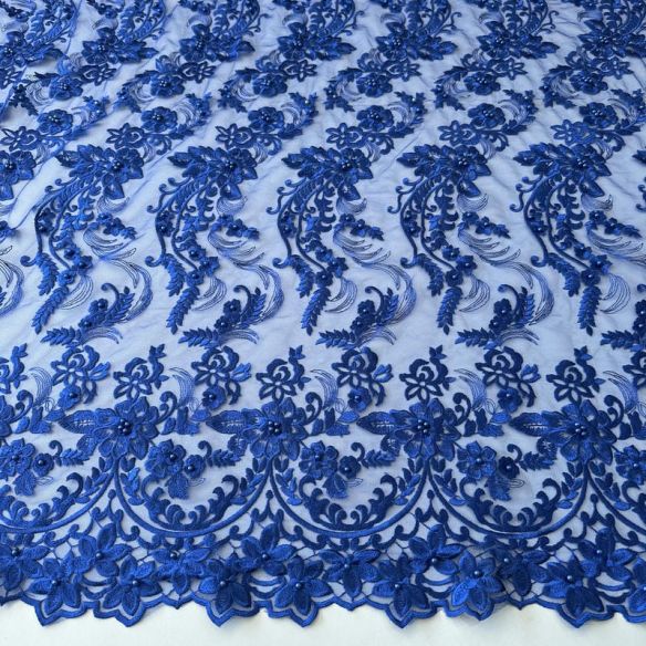 Tecido Tule Bordado com Pedrarias Azul Bic Floral • Conexão Tecidos