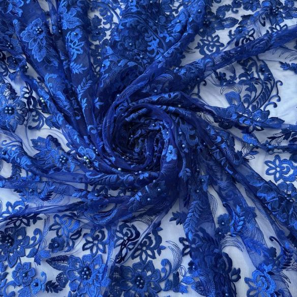 Tecido Tule Bordado com Pedrarias Azul Bic Floral • Conexão Tecidos