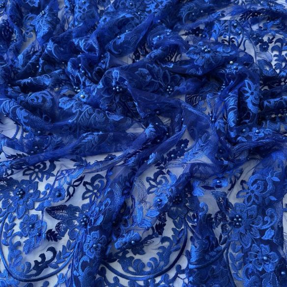 Tecido Tule Bordado com Pedrarias Azul Bic Floral • Conexão Tecidos