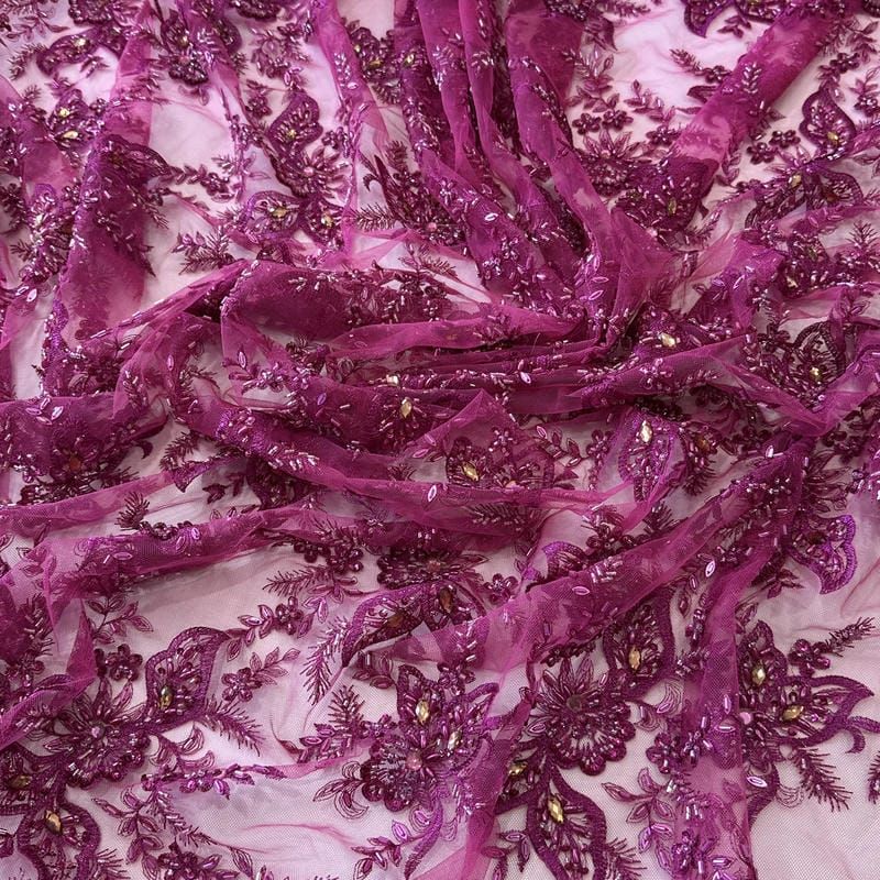 Tecido Tule Bordado com Pedrarias Marsala Rosé • Conexão Tecidos