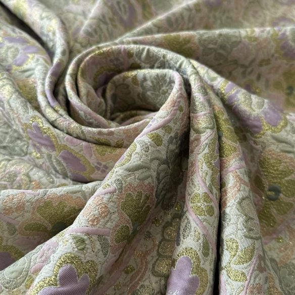 Tecido Jacquard Brocado Floral Verde Chá com Lilás • Conexão Tecidos