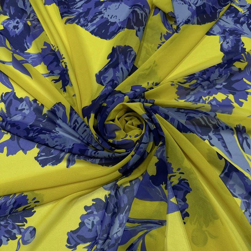 Tecido Musseline Estampada Azul e Amarelo • Conexão Tecidos