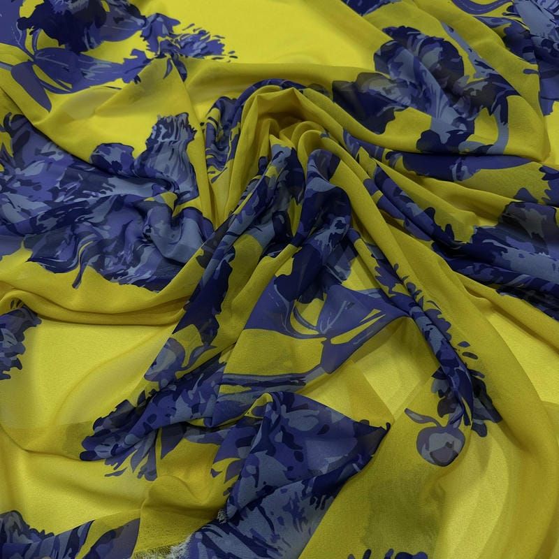 Tecido Musseline Estampada Azul e Amarelo • Conexão Tecidos