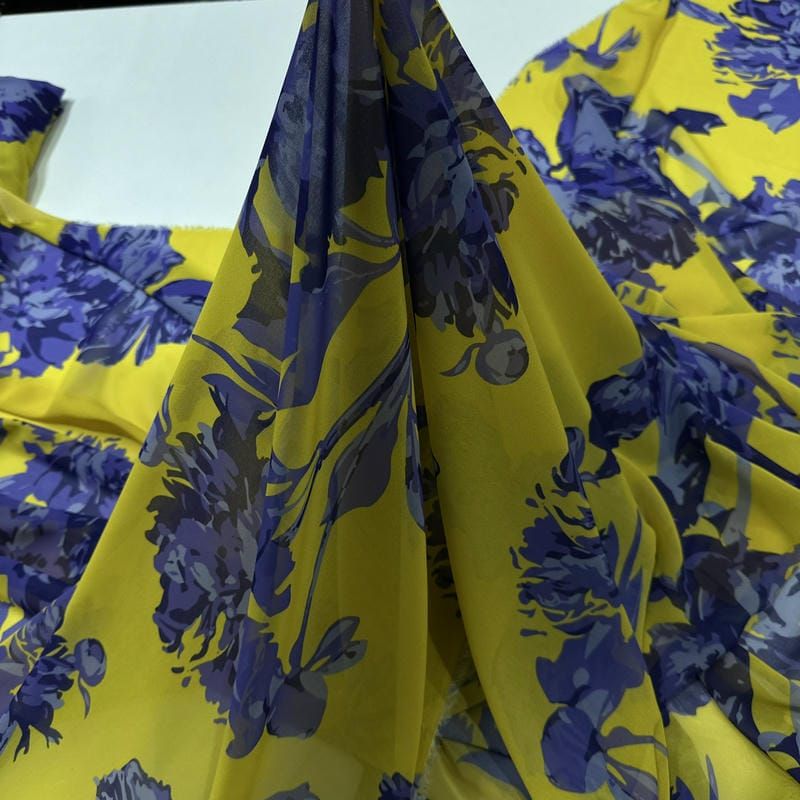 Tecido Musseline Estampada Azul e Amarelo • Conexão Tecidos