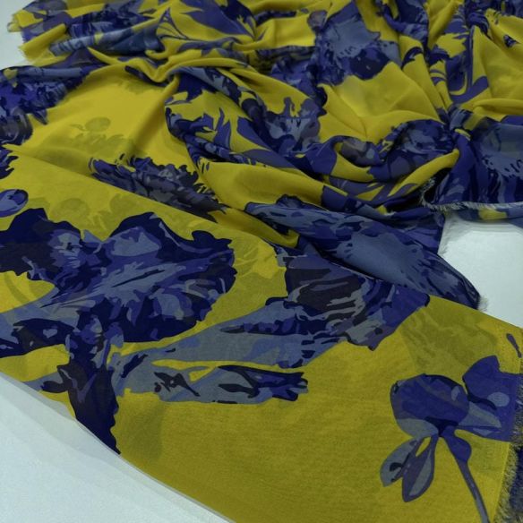 Tecido Musseline Estampada Azul e Amarelo • Conexão Tecidos