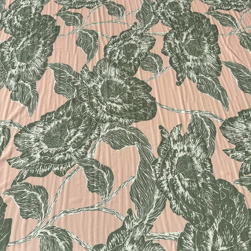 Tecido Musseline Estampada Floral Verde Musgo Fundo Rosé • Conexão