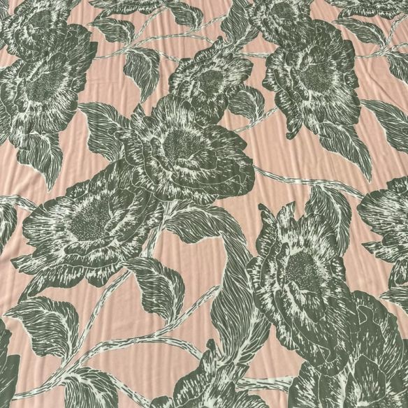 Tecido Musseline Estampada Floral Verde Musgo Fundo Rosé • Conexão