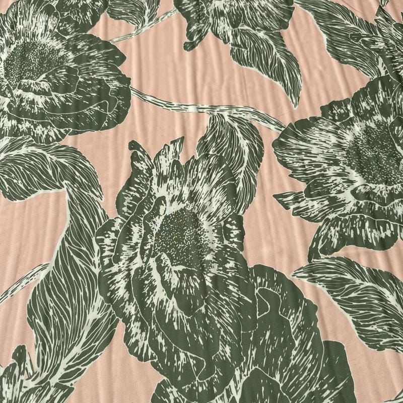 Tecido Musseline Estampada Floral Verde Musgo Fundo Rosé • Conexão