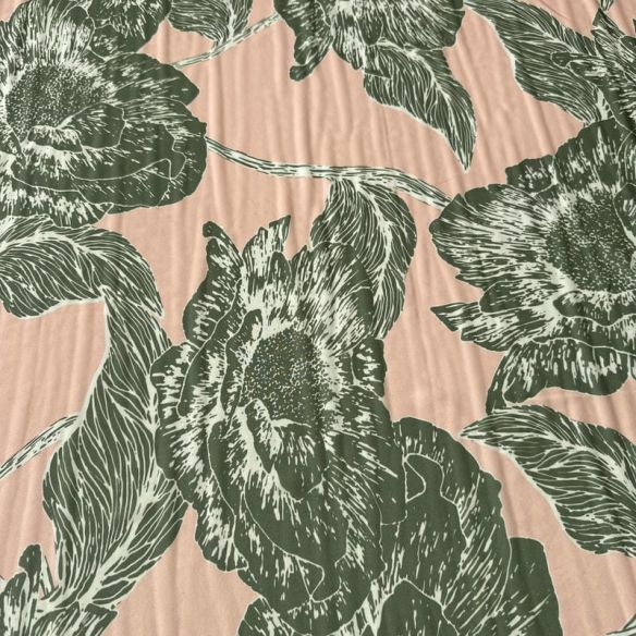 Tecido Musseline Estampada Floral Verde Musgo Fundo Rosé • Conexão